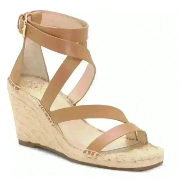 Vince Camuto Mesteria Espadrille Wedge Sandal Size 8.5 Tan Leather Strap Casual - Picture 1 of 14